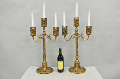Oscar Bach French Renaissance Gothic Brass 3 Arm Candelabra Table Lamps - a Pair