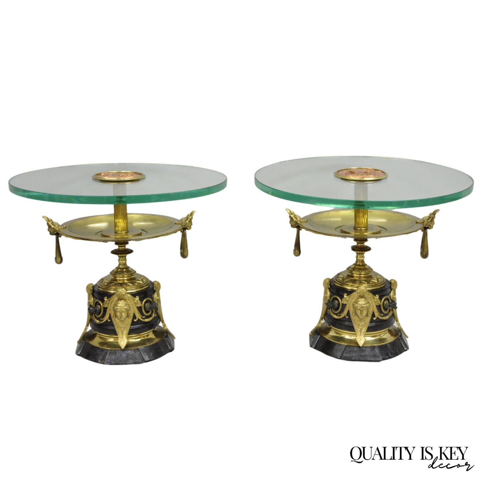 French Empire Figural Bronze and Marble Round Glass Tazza Low Side Tables - Pair
