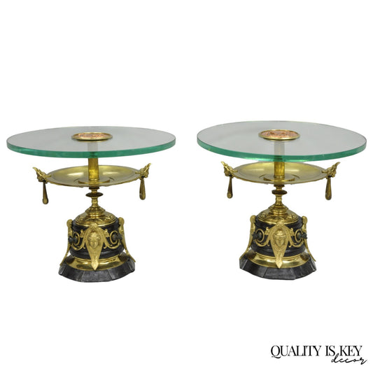 French Empire Figural Bronze and Marble Round Glass Tazza Low Side Tables - Pair