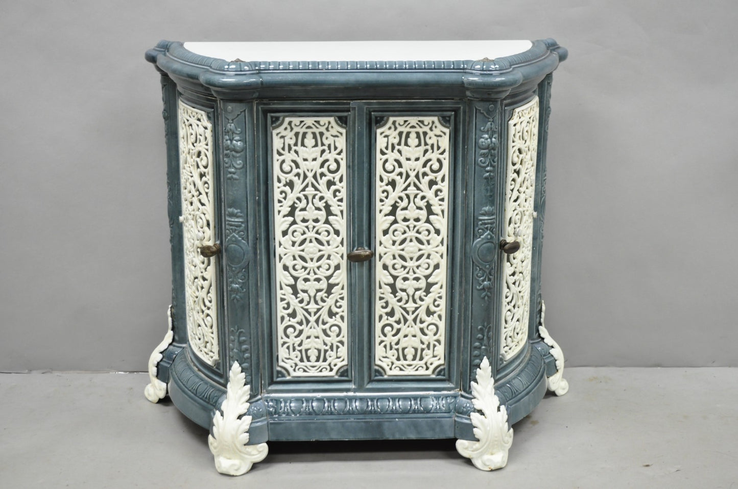 Antique French Victorian Blue White Porcelain Enamel Cast Iron Radiator Cover