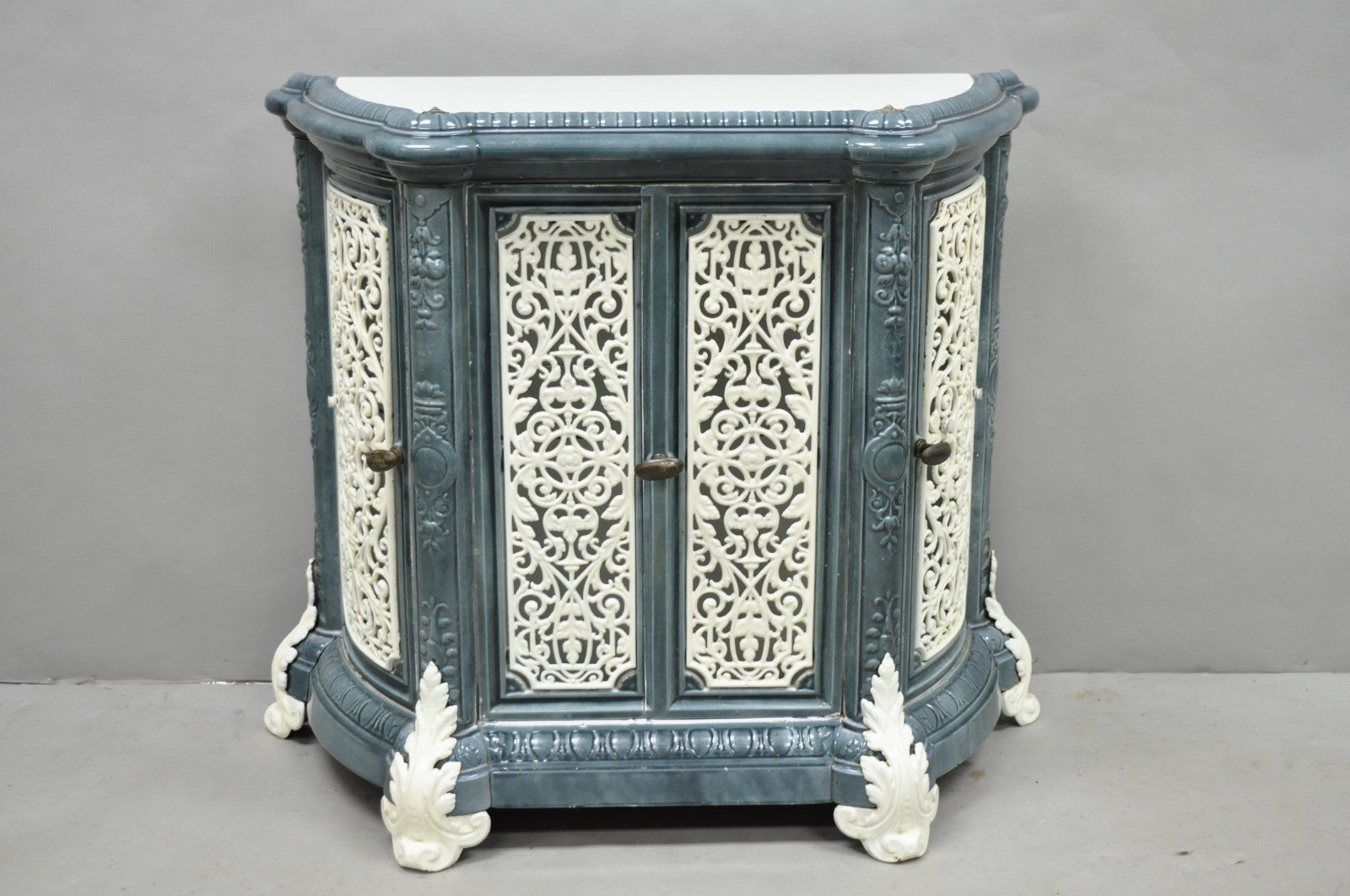Antique French Victorian Blue White Porcelain Enamel Cast Iron Radiator Cover