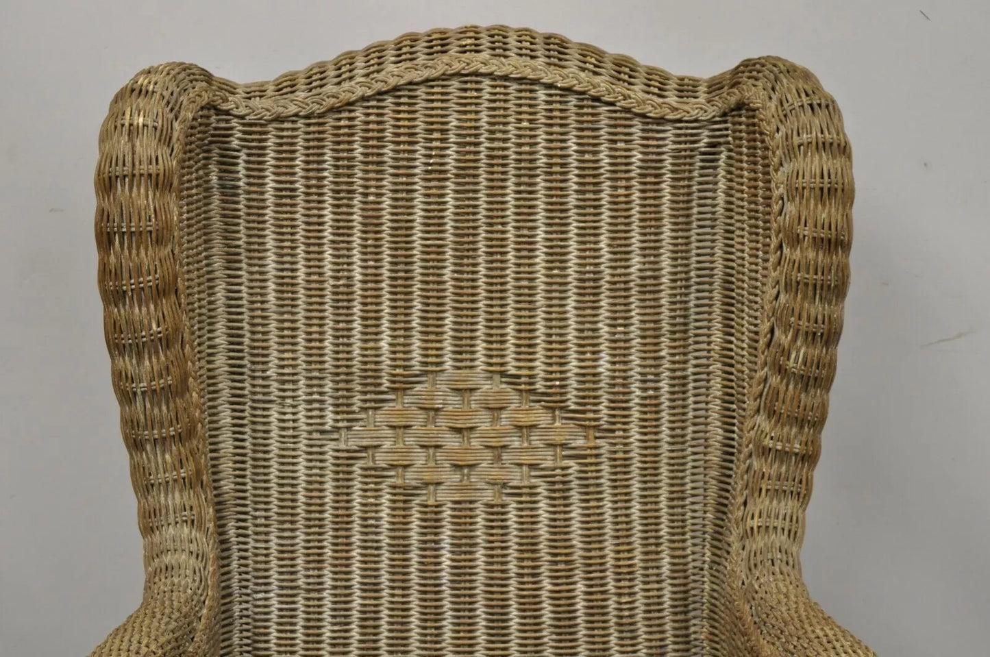 Vintage Victorian Style Large Woven Wicker Rattan Wingback Lounge Arm Chair