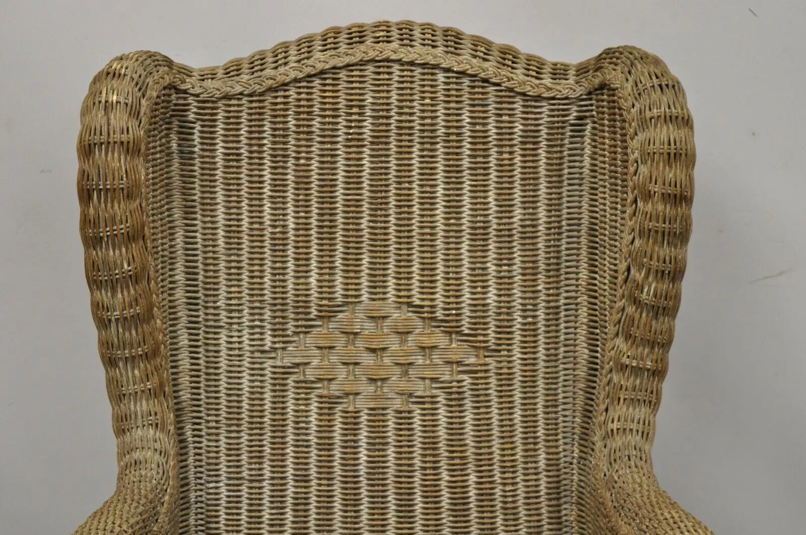 Vintage Victorian Style Large Woven Wicker Rattan Wingback Lounge Arm Chair