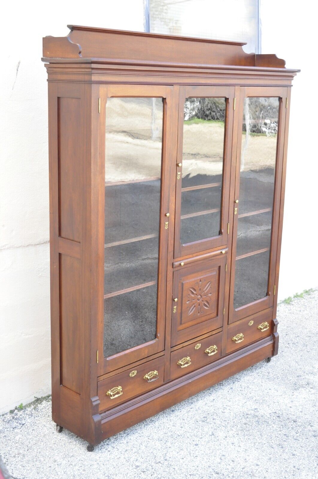 Antique Eastlake Victorian Walnut Wavy Glass Triple Bookcase Display Cabinet