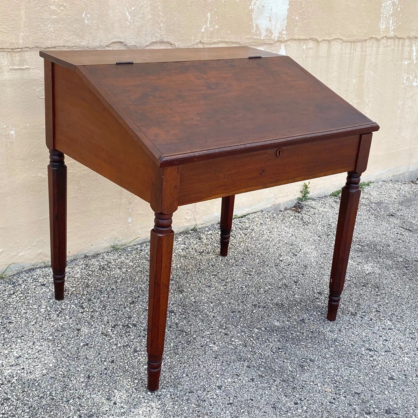 Antique Primitive Colonial Cherry Wood & Walnut Tall Schoolmasters Desk Table