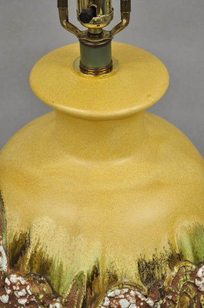 Mid Century Modern Large Volcanic Glazed Pottery Yellow & Green Table Lamp