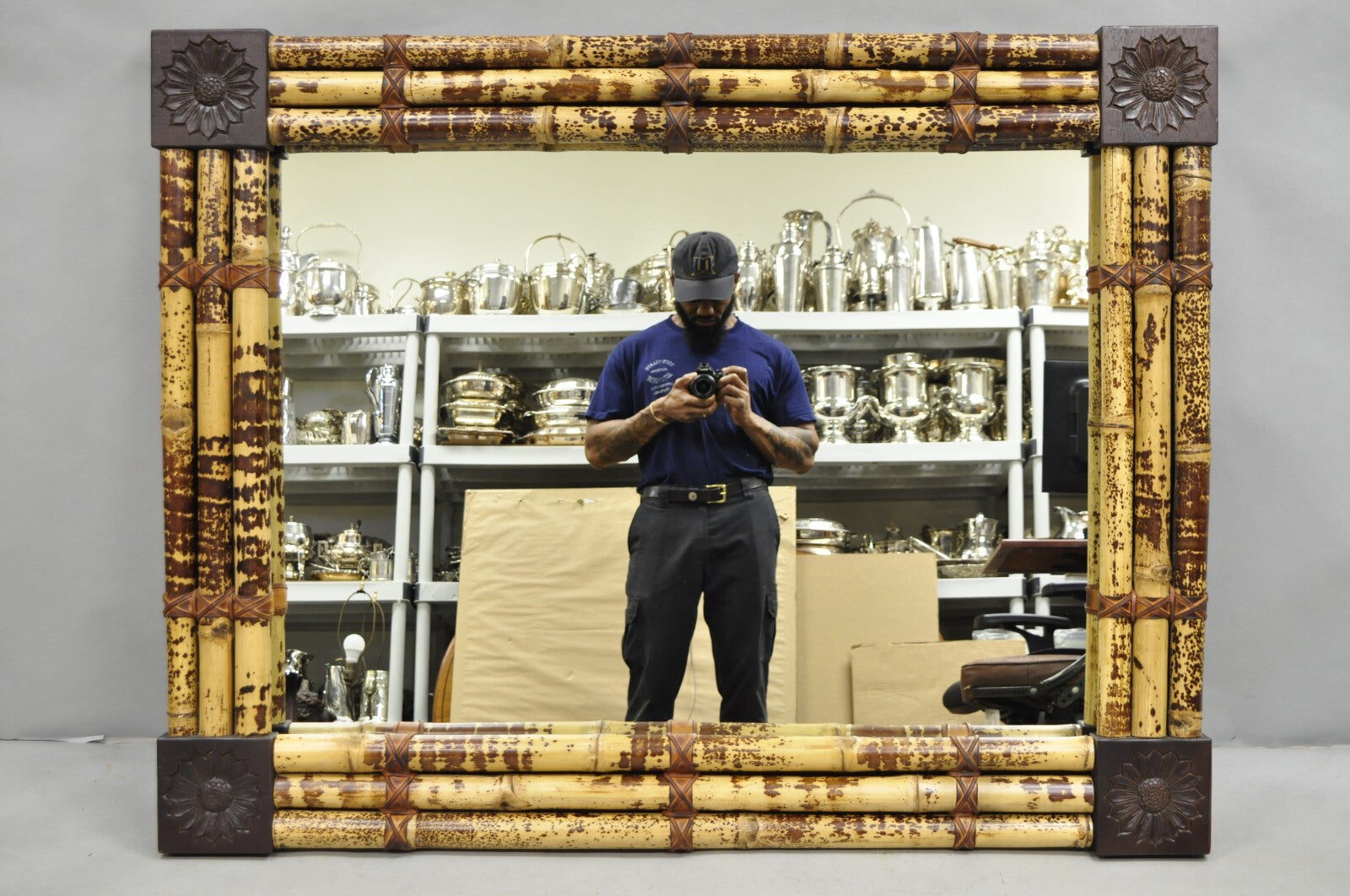 Hollywood Regency Large Bamboo Wood Frame Tropical 54" Rectangular Wall Mirror