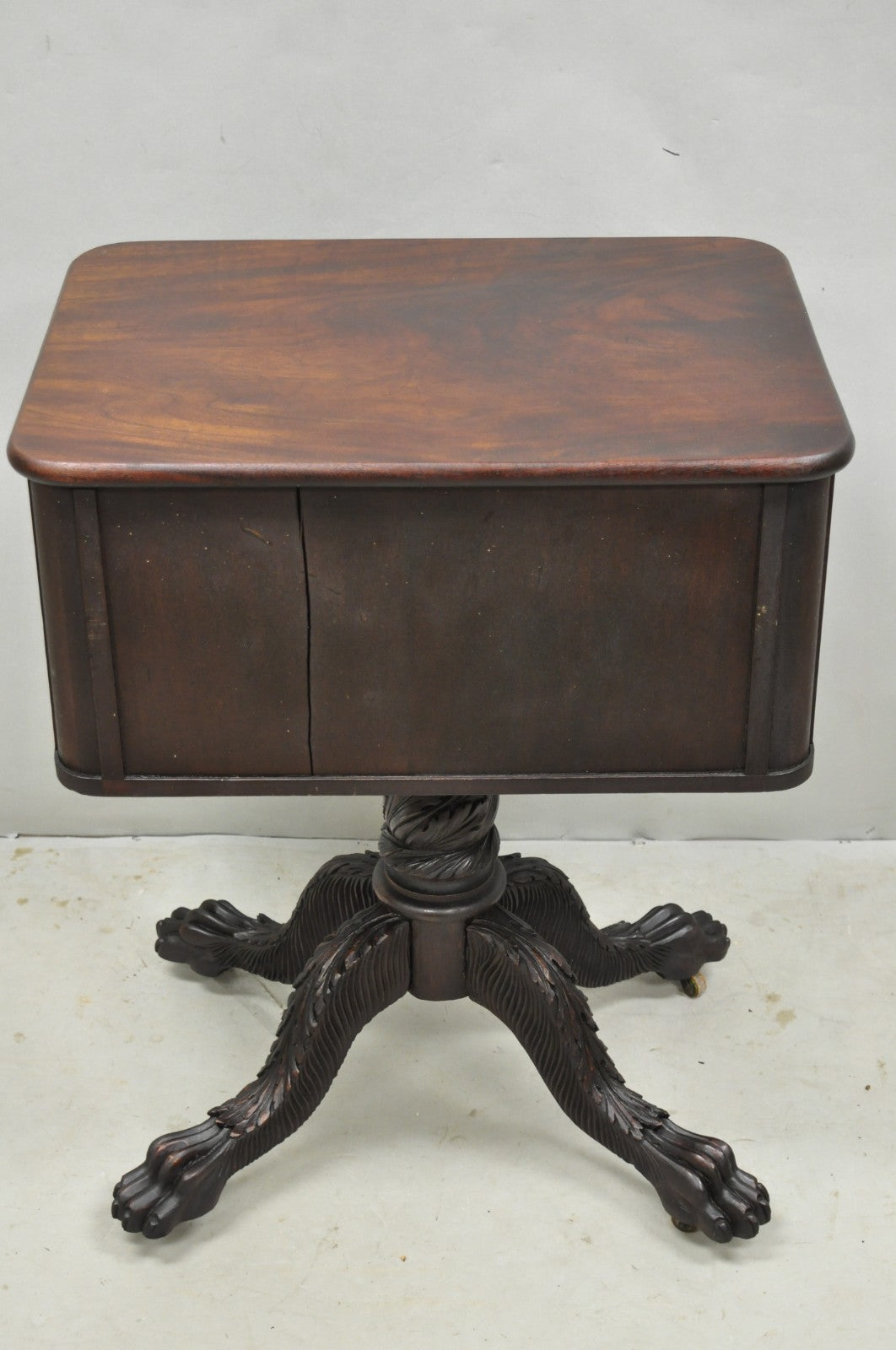 Antique American Empire Carved Paw Foot Pedestal Base Work Stand Side Table