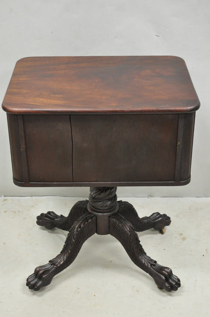 Antique American Empire Carved Paw Foot Pedestal Base Work Stand Side Table