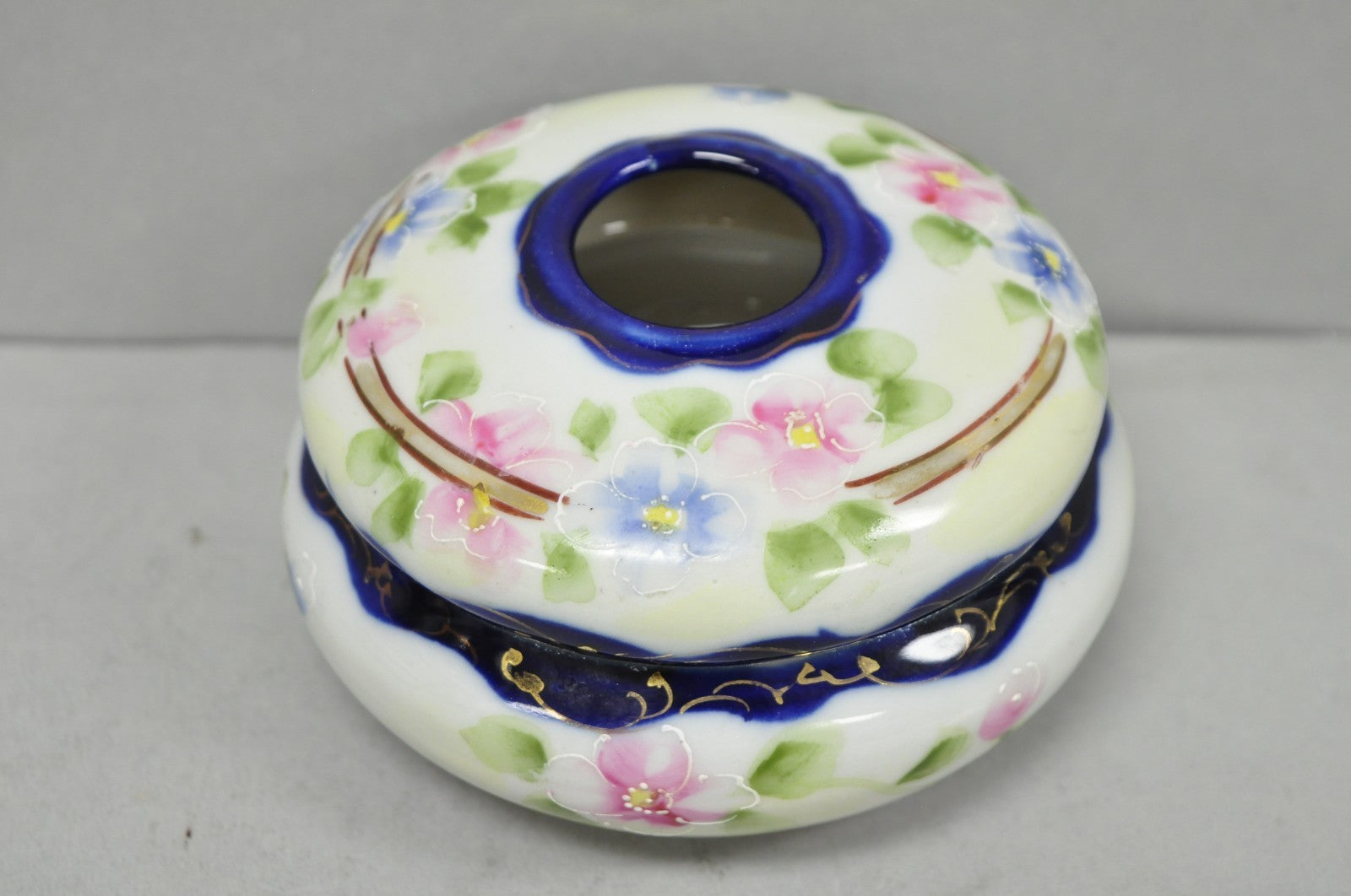 Victorian Japanese Hand Painted Porcelain Cobalt Blue Hair Receiver & Powder Jar