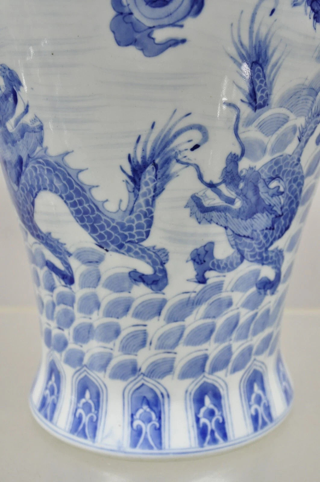 Vintage Chinese Export Delf Style Blue and White Porcelain 25" Tall Dragon Vase