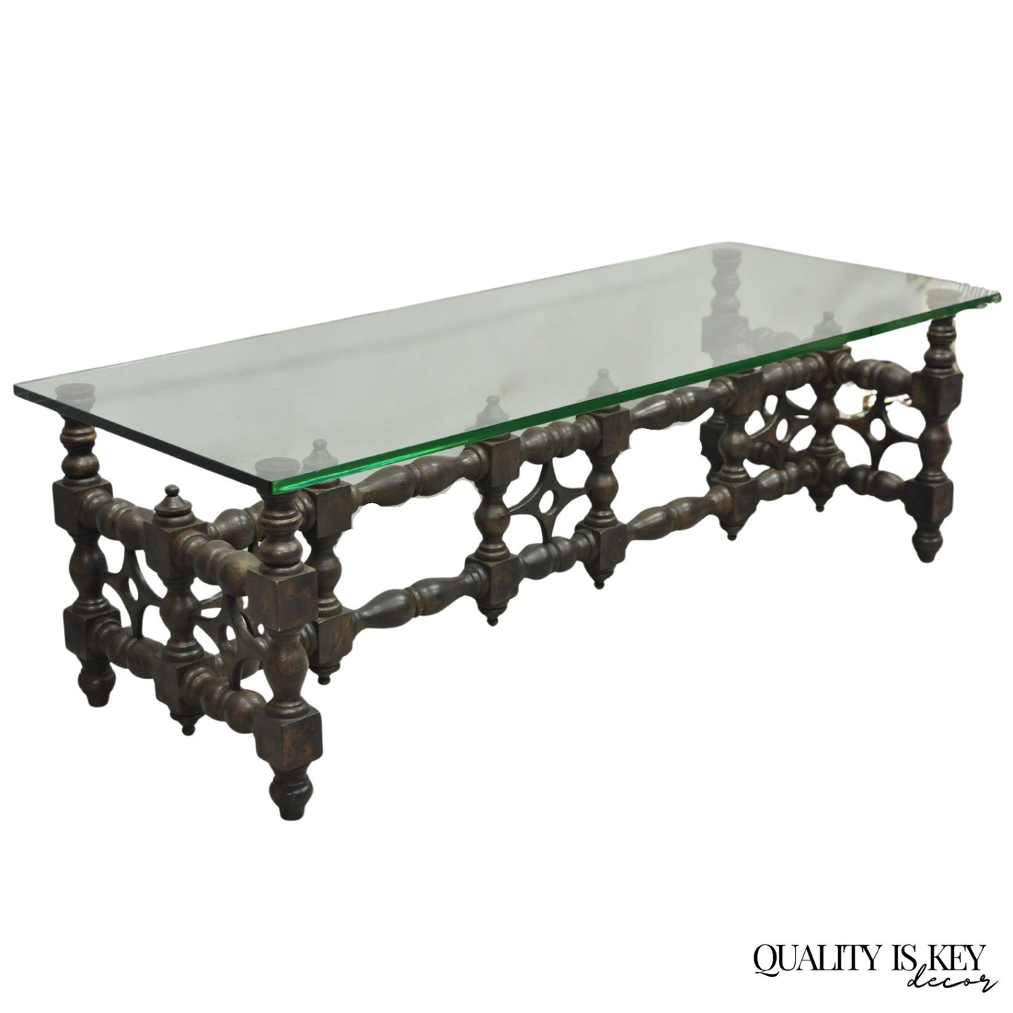 Vintage Gothic Renaissance Wooden Fretwork Rectangular Glass Top Coffee Table