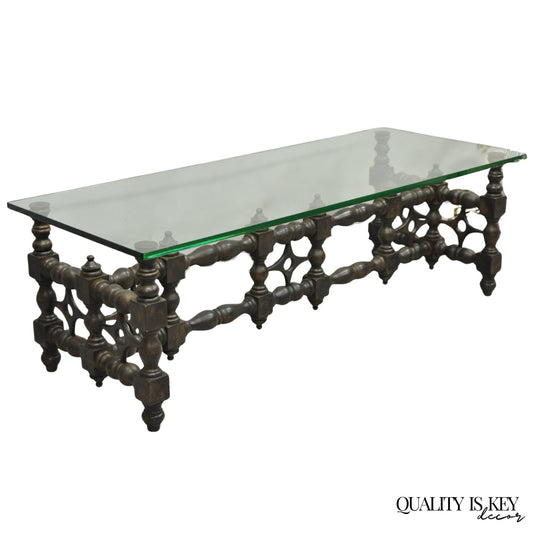 Vintage Gothic Renaissance Wooden Fretwork Rectangular Glass Top Coffee Table