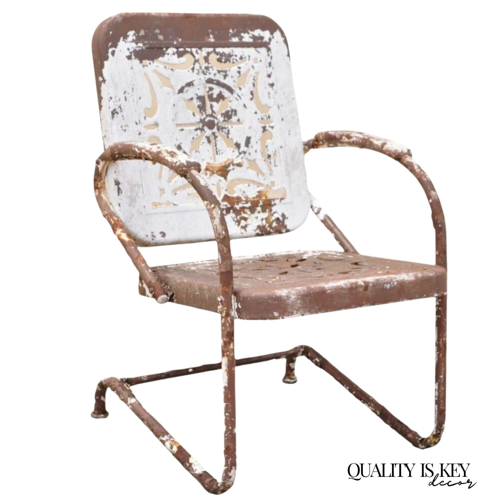 Antique Art Deco Brown Distress Painted Bouncer Patio Porch Lounge Chair