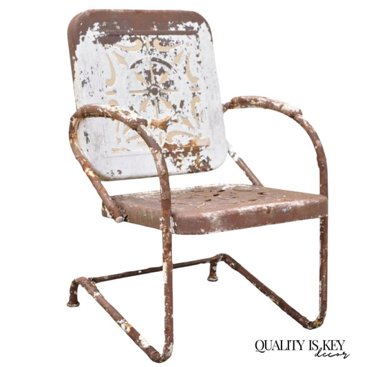 Antique Art Deco Brown Distress Painted Bouncer Patio Porch Lounge Chair