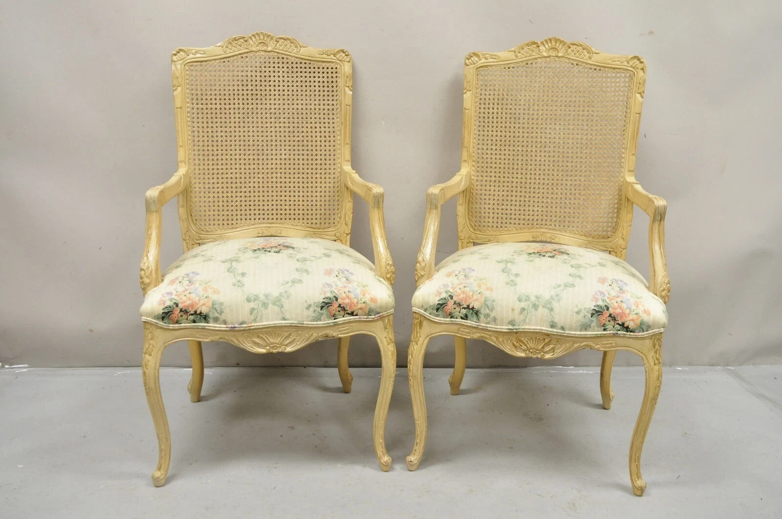 Vintage French Country Louis XV Style Cane Back Painted Dining Chairs - Set of 6