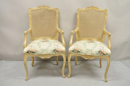 Vintage French Country Louis XV Style Cane Back Painted Dining Chairs - Set of 6