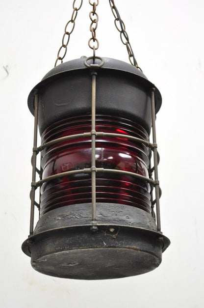 Antique Durkee Marine Ship Lantern Fixture Red Fresnel Pendant Chandlier (B)