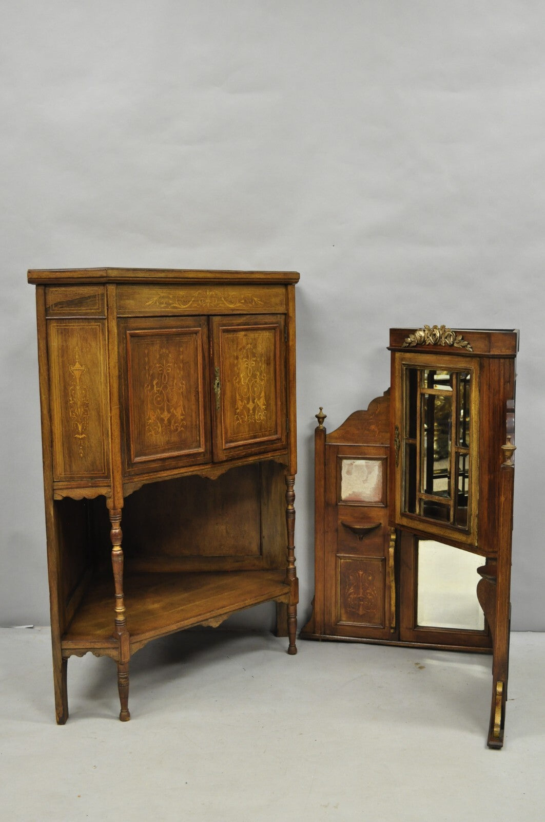 Antique French Victorian Inlaid Mahogany Corner China Cabinet Display Curio