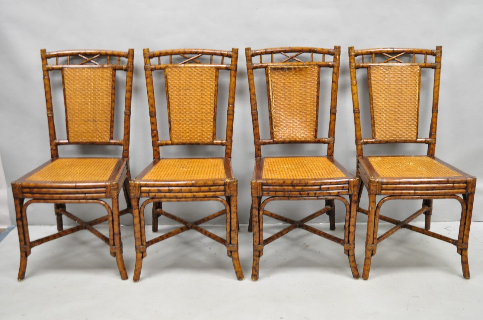 Hollywood Regency British Colonial Burnt Bamboo Cane Dining Chairs - Set of 4