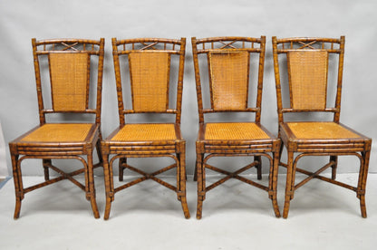 Hollywood Regency British Colonial Burnt Bamboo Cane Dining Chairs - Set of 4