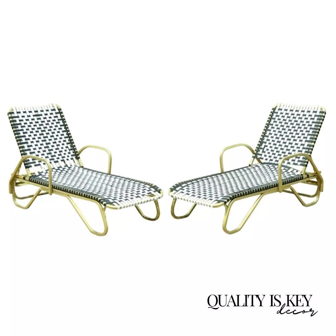 Hollywood Regency Vinyl Strap Aluminum Pool Patio Chaise Lounge Chairs - a Pair