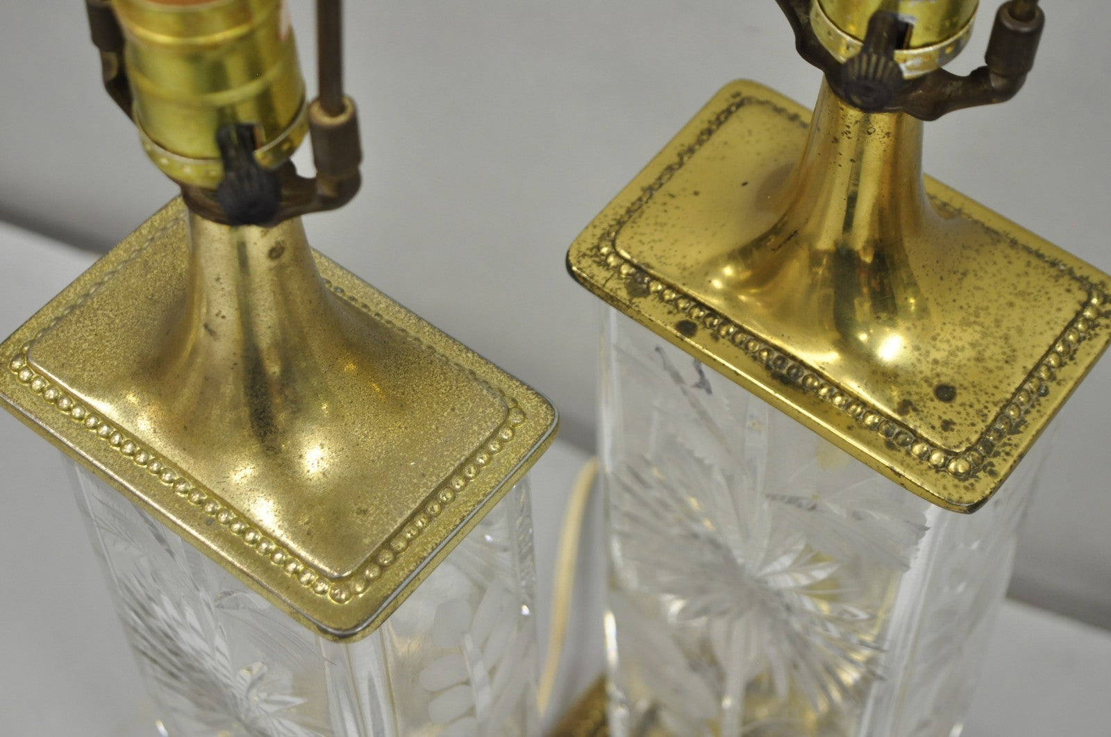 Vintage Dresden Victorian Cut Crystal Glass Flower Brass Table Lamps - a Pair