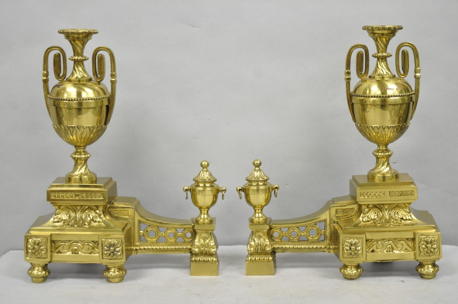 Vintage French Empire Style Gold Brass Urn Fireplace Chenet Andirons - a Pair