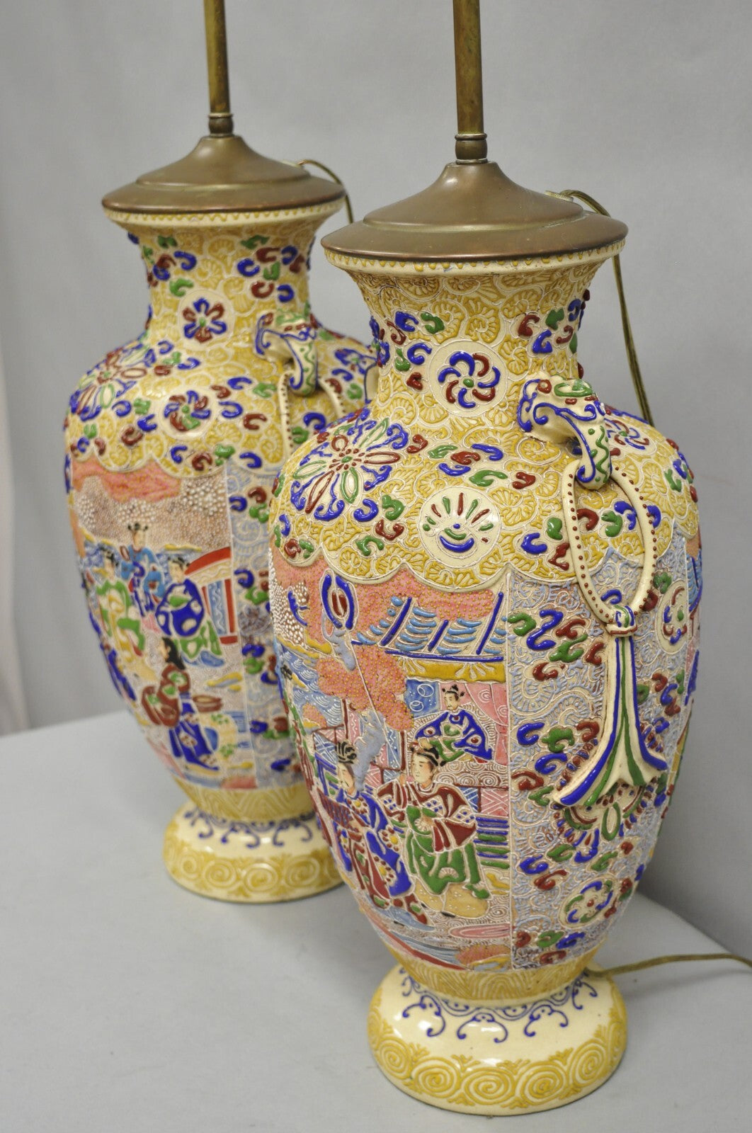 Antique Chinese Porcelain Painted Applied Scene Satsuma Vase Table Lamps - Pair