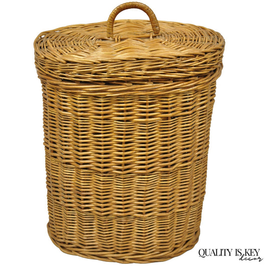 Vintage Mid Century Modern Handwoven Wicker Rattan Laundry Basket w Lid
