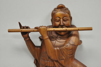 Pair Vintage Ricardo Lynn Carved Teak Wood Oriental Figures Flute Player Wiseman