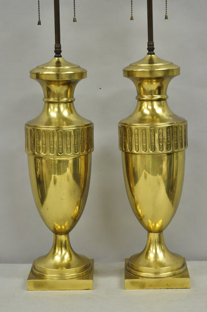 Vintage French Empire Neoclassical Gold Burnished Brass Urn Table Lamps - a Pair