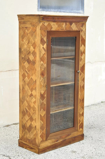 Marquetry Geometric Inlay Mixed Wood One Drawer Bookcase Display Cabinet Curio