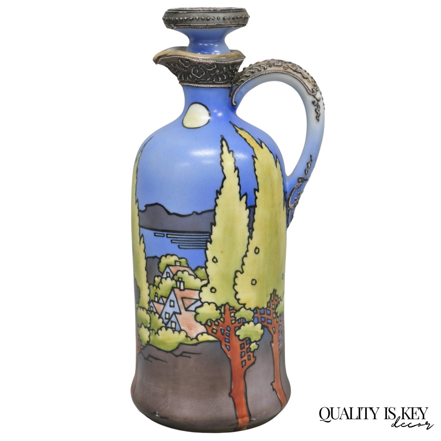 Antique Nippon Hand Painted Blue Halloween Pattern Porcelain Wine Jug w/ Cork