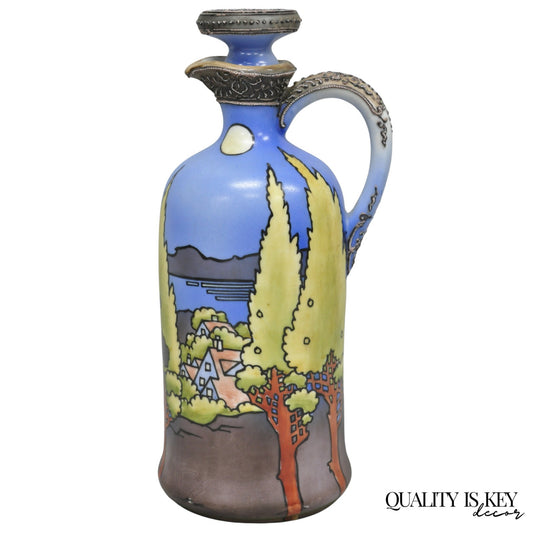 Antique Nippon Hand Painted Blue Halloween Pattern Porcelain Wine Jug w/ Cork