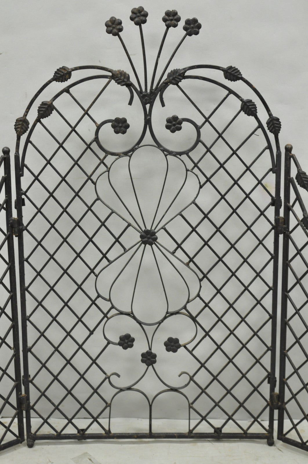 Antique Gothic Arts & Crafts Wrought Iron Scrolling Folding Fireplace Screen
