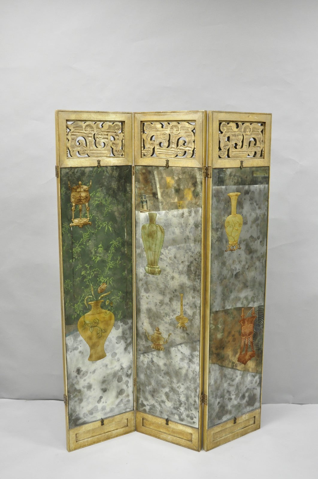 Antique Chinoiserie Oriental Eglomise Antiqued Mirror Glass 3 Panel Room Screen
