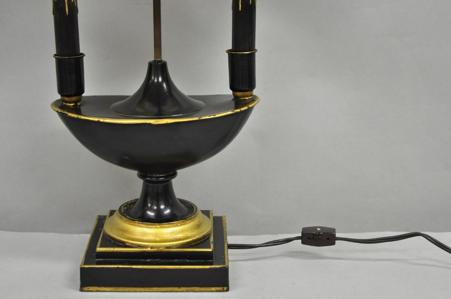 Antique French Empire Black & Gold Tole Metal Urn Bouillotte Table Lamp w Shade