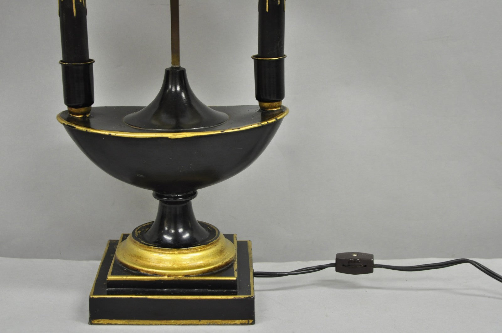 Antique French Empire Black & Gold Tole Metal Urn Bouillotte Table Lamp w Shade