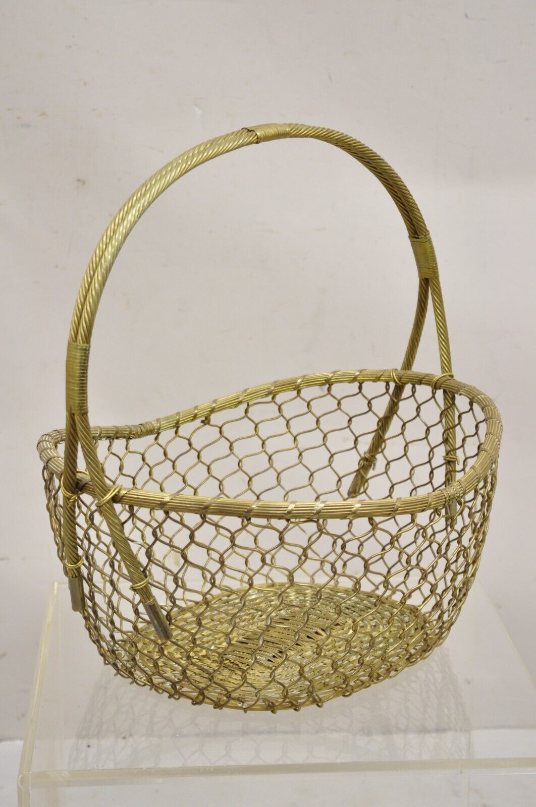 Vintage Solid Brass Wire Metal Hollywood Regency Hand Woven Basket With Handle