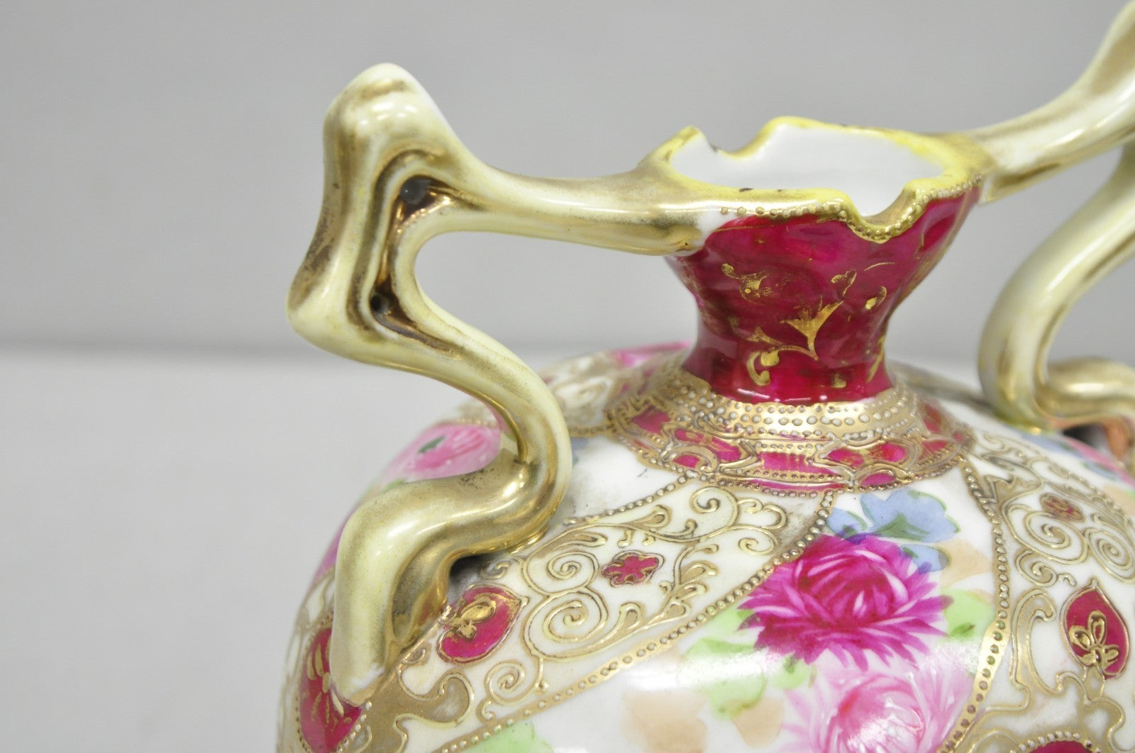 Antique Nippon Moriage Porcelain Twin Handle Ball Vase w/ Hand Painted Roses (B)