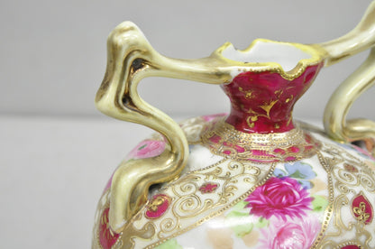 Antique Nippon Moriage Porcelain Twin Handle Ball Vase w/ Hand Painted Roses (B)