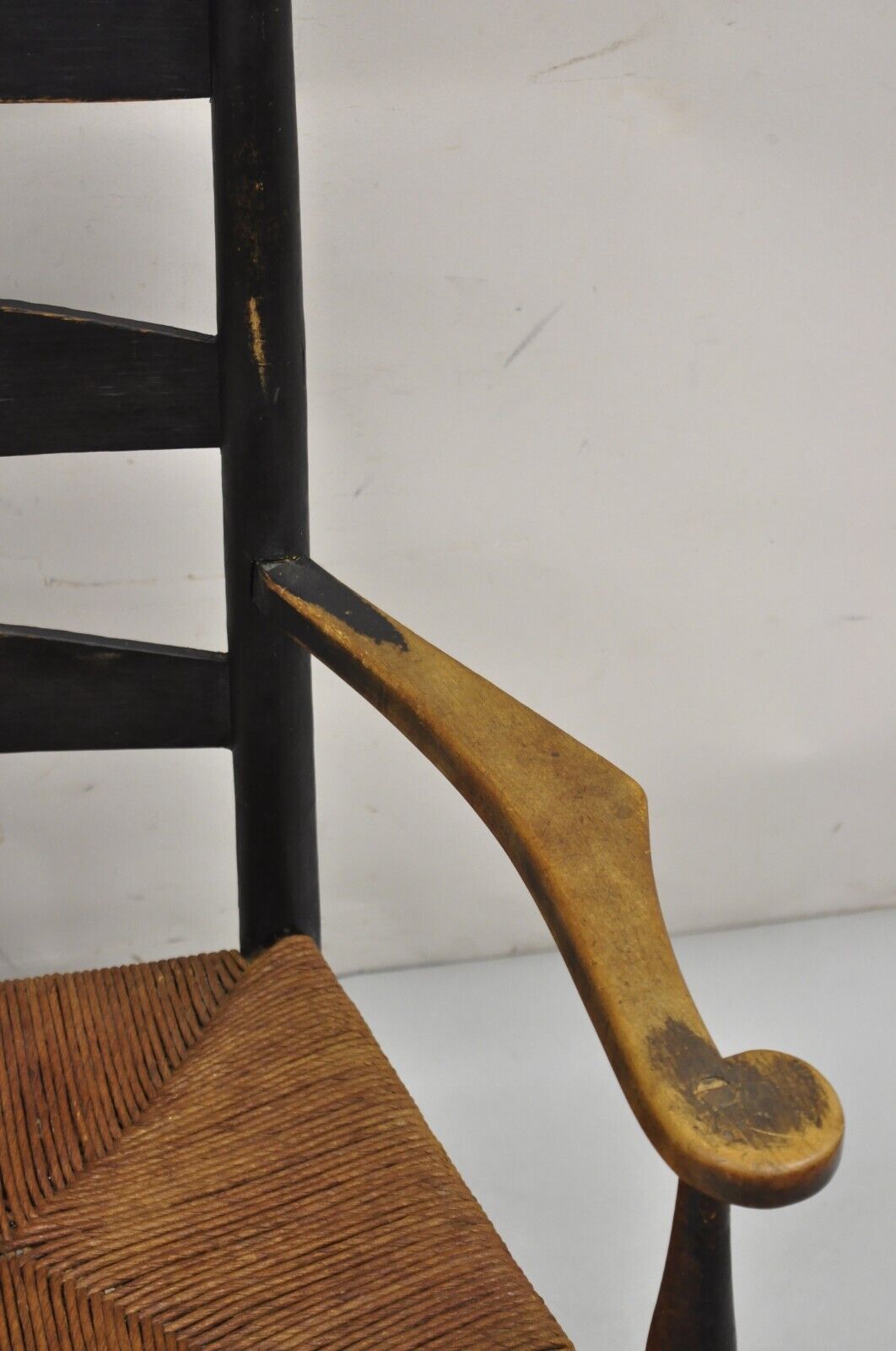 Antique American Primitive Shaker Ebonized Wood Rush Seat Rocker Rocking Chair