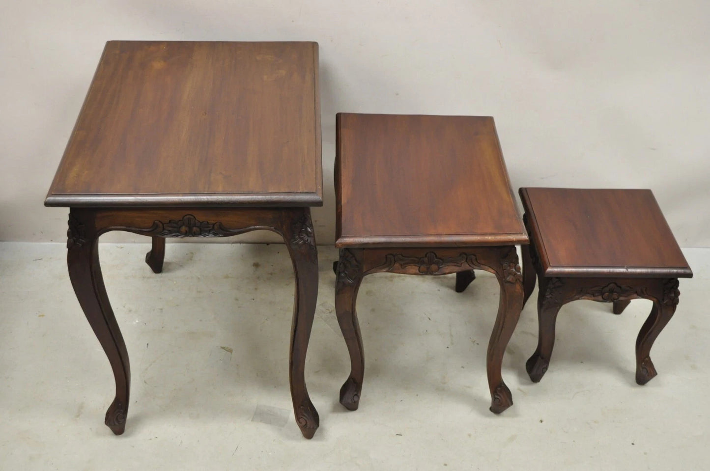Vintage French Rococo Baroque Style Mahogany Nesting Side Tables - Set of 3