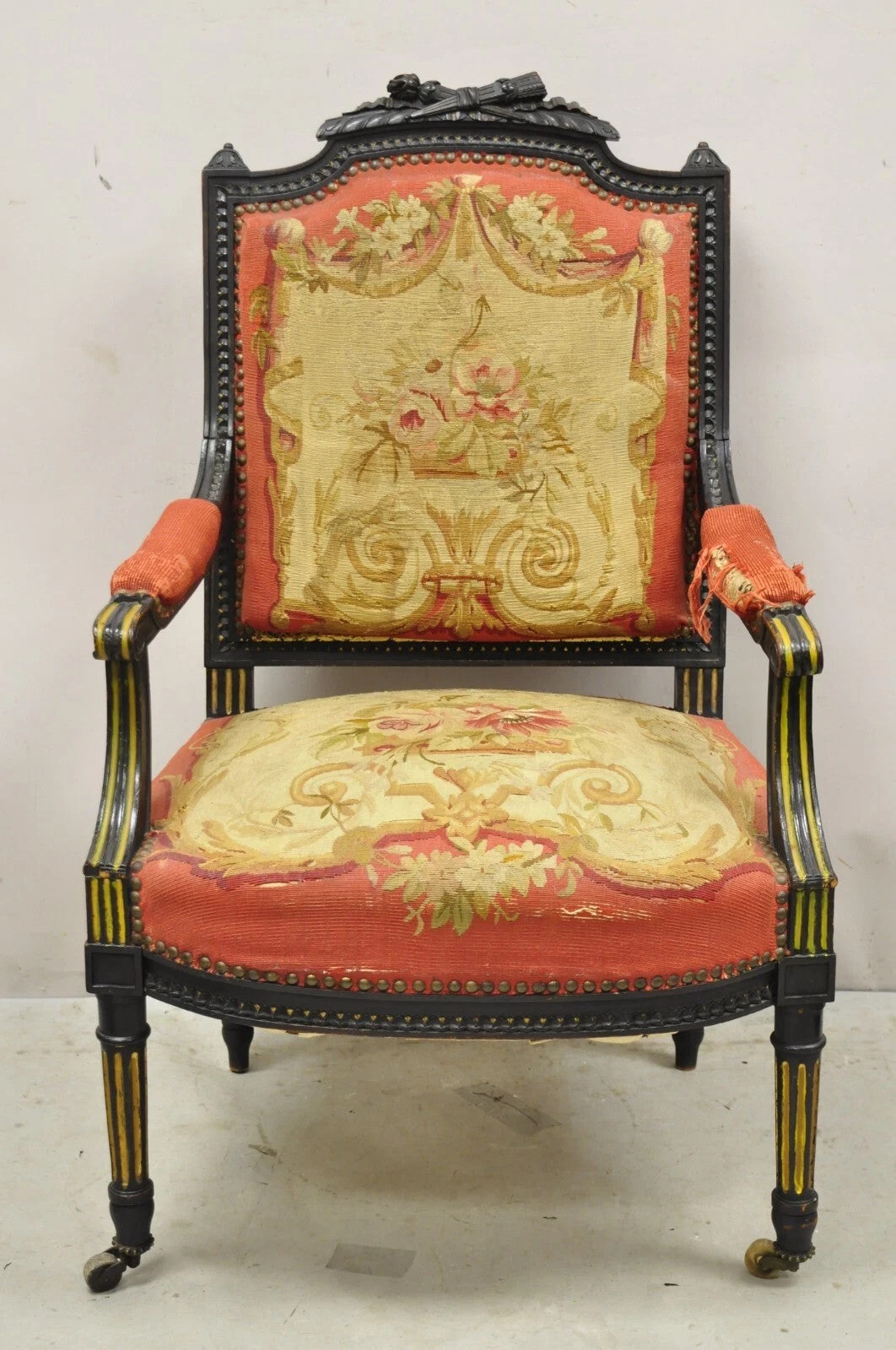 Antique French Empire Black Ebonized Walnut Needlepoint Parlor Arm Chair