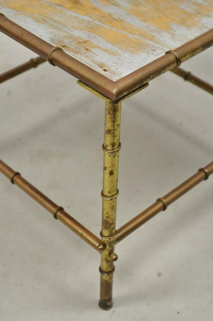 Italian Hollywood Regency Faux Bamboo Brass Tole Metal Low Square Side Table