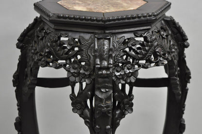 Antique Chinoiserie Chinese Carved Hardwood Marble Top 36" Pedestal Plant Stand