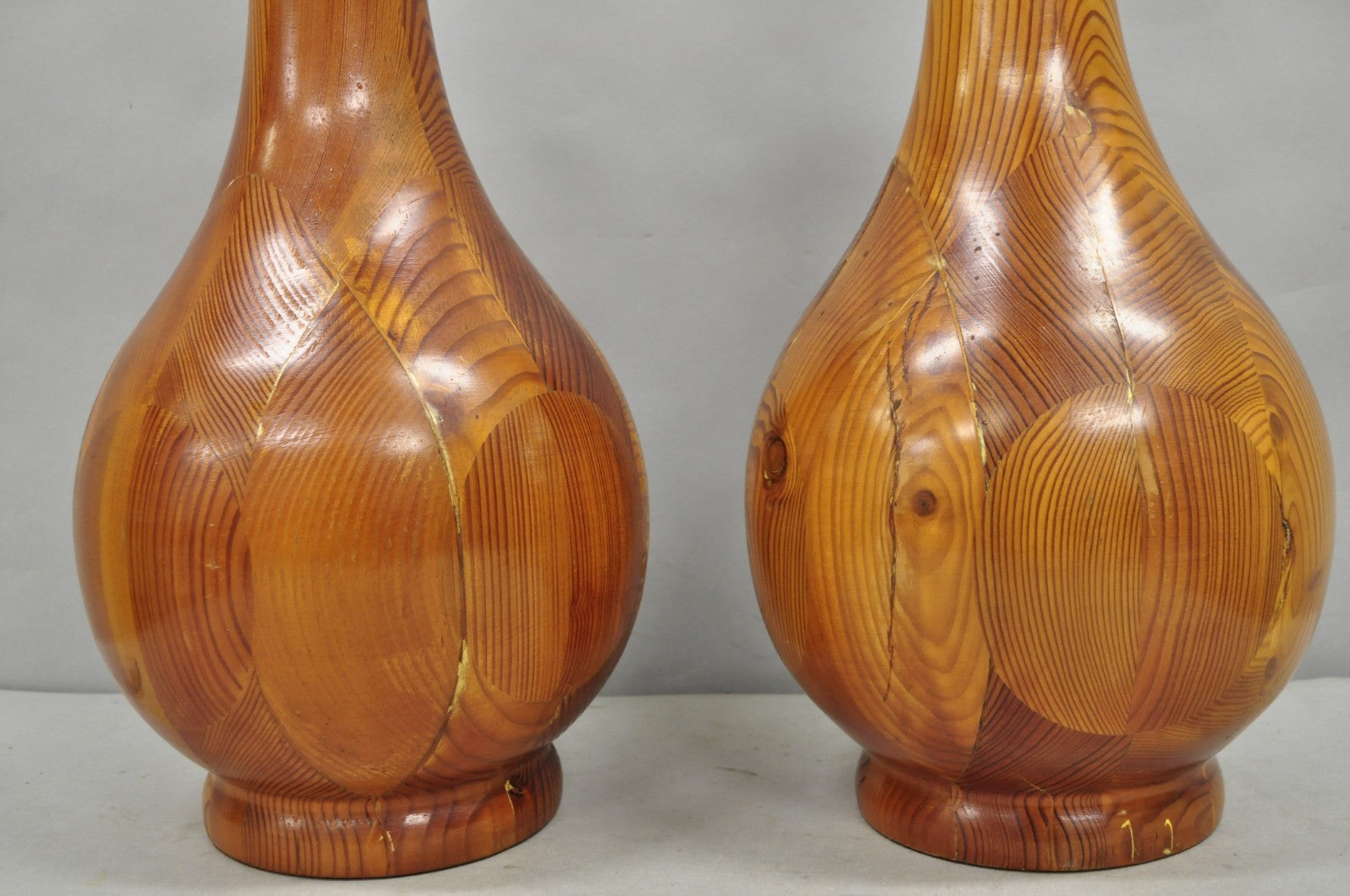 Vintage Mid Century Modern Bulbous Sculpted Swedish Pine Wood Table Lamps, Pair