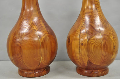 Vintage Mid Century Modern Bulbous Sculpted Swedish Pine Wood Table Lamps, Pair