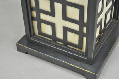 Contemporary Chinoiserie Stained Glass Brushed Metal Fretwork Design Table Lamp